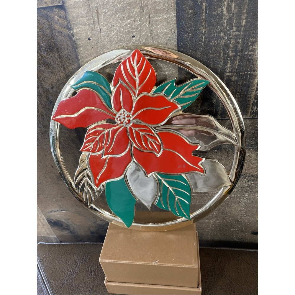 Vintage Brass Enamel Poinsettia Christmas 8" Hot‎ Dish Holder Made in Japan